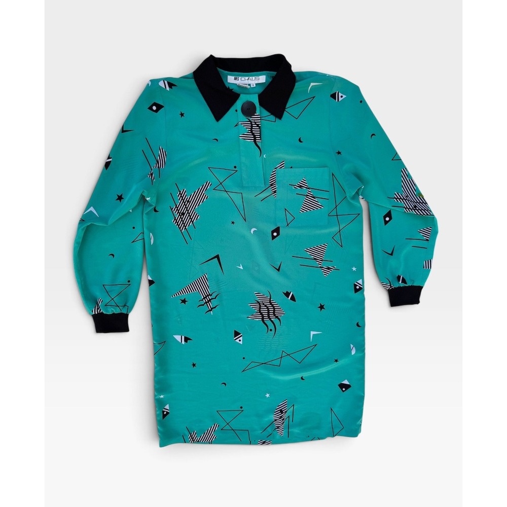 Vintage Ms Chaus Teal Abstract Print Long Sleeve Shift Dress Size 8 Mod